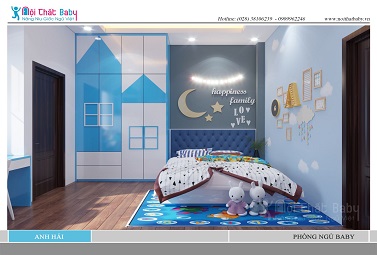 Thiết kế giường ngủ trẻ em, giường ngủ màu xanh, giường ngủ bé tai, giường ngủ màu xanh dẽ thương, nội thất baby.
